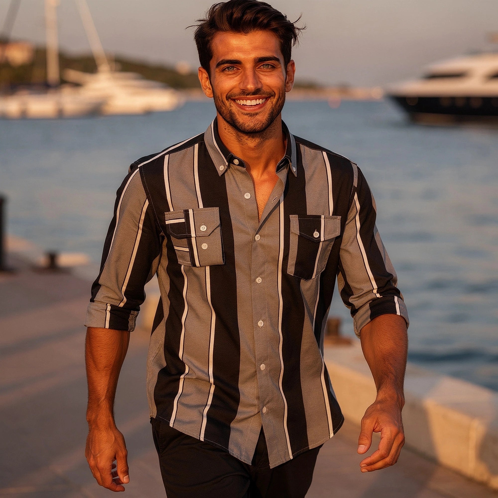 View of a light blue tailored cotton shirt featuring a crisp collar and subtle stitching accents