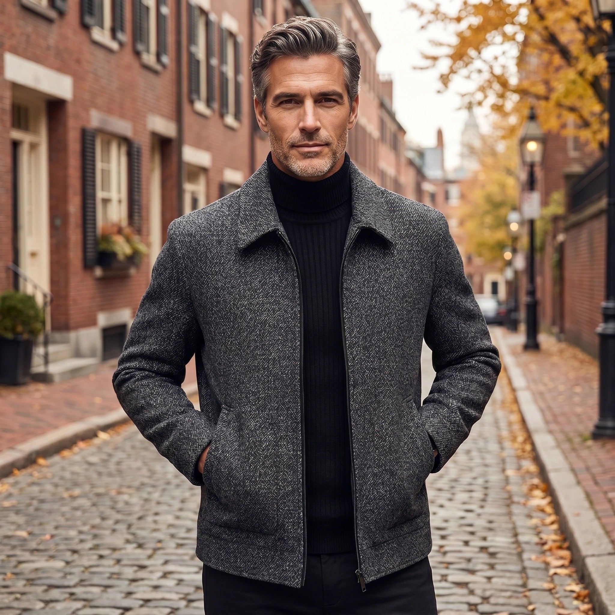 Close up view of the Men's Sophisticated Warm Jacket showing its rich fabric texture, precise stitching, and design details against a neutral background.