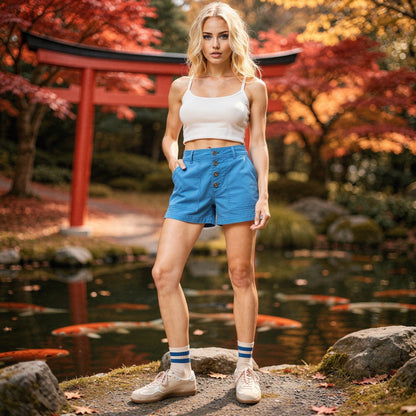 View of lightweight, beige summer shorts featuring a relaxed fit and elastic waistband for comfort