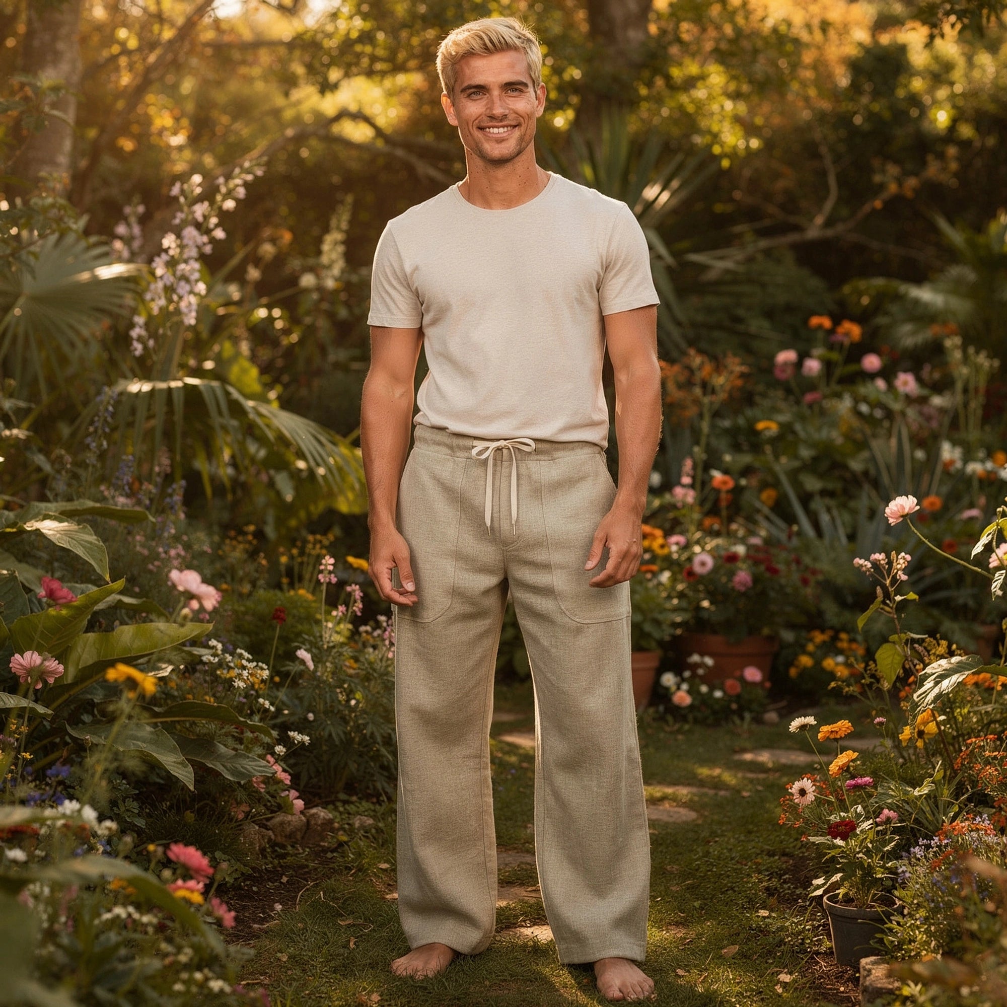 View of wide loose relaxed fit trousers in light beige fabric, featuring a comfortable waistband and pockets