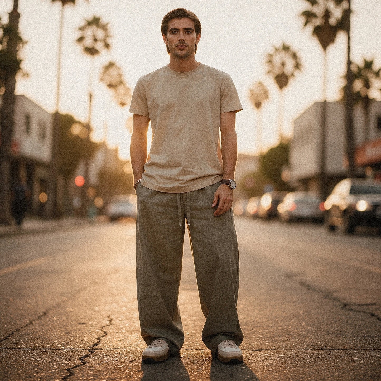 Lightweight summer trousers in light gray, featuring a relaxed fit, drawstring waistband, and pockets, view