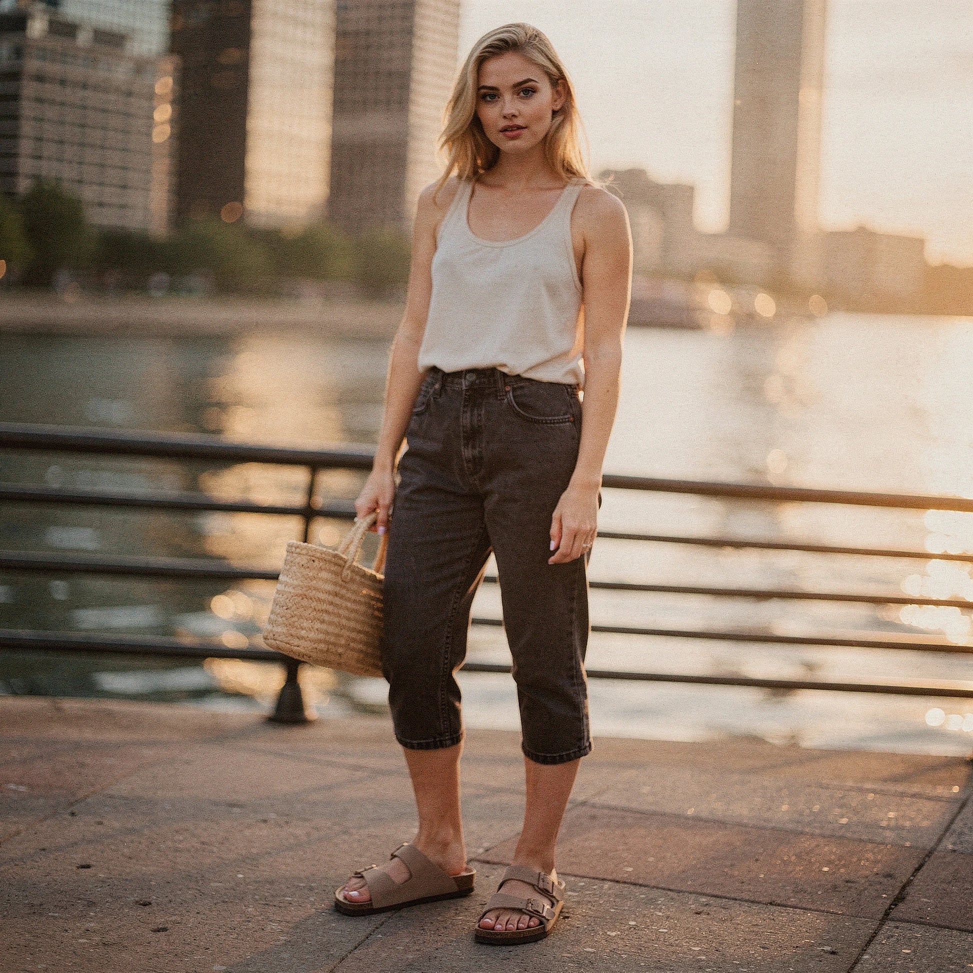 View of relaxed summer sandals in light tan leather, featuring adjustable straps and a cushioned footbed