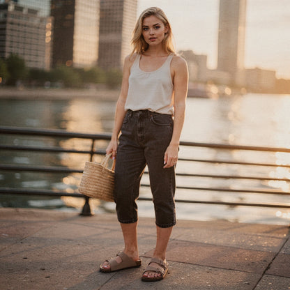 View of relaxed summer sandals in light tan leather, featuring adjustable straps and a cushioned footbed