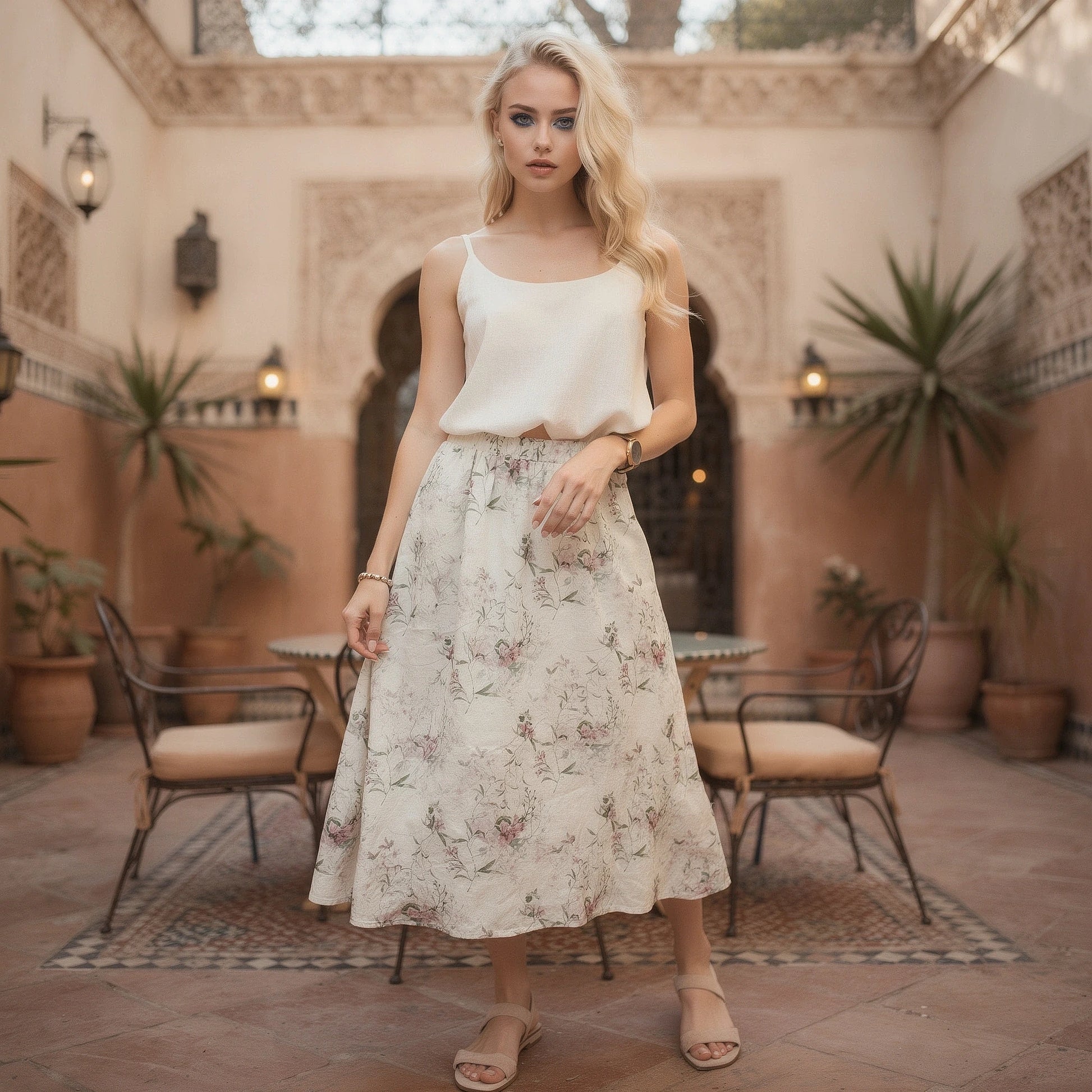 Flowy elegant summer midi skirt in soft pastel pink, featuring a view that highlights its lightweight fabric and graceful silhouette