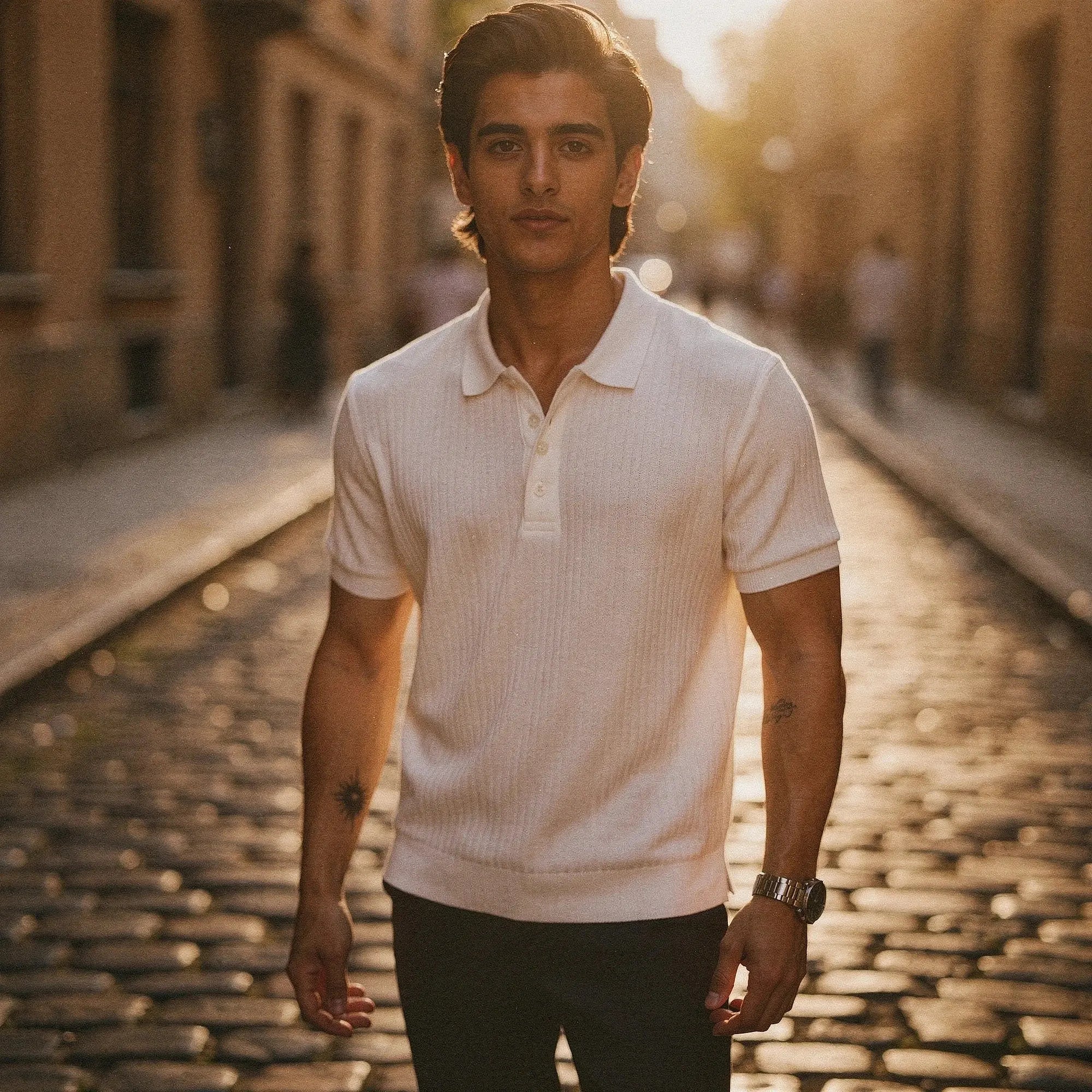 View of a slim fit short sleeve polo t shirt in light blue, made of breathable cotton for summer sportswear