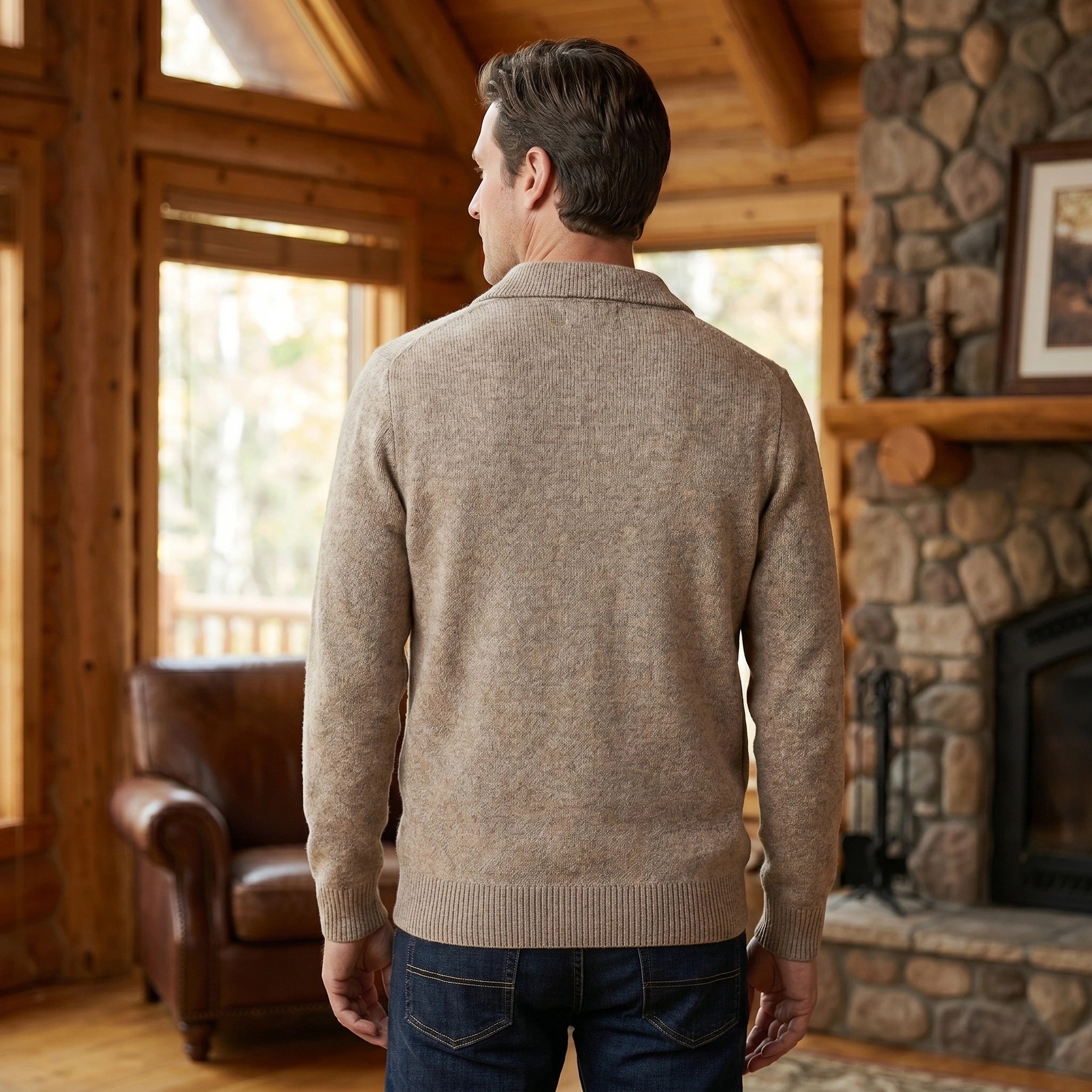 Close up view of the men's relaxed quarter zip sweater showing the soft fabric texture and detailed stitching in a classic neutral color.