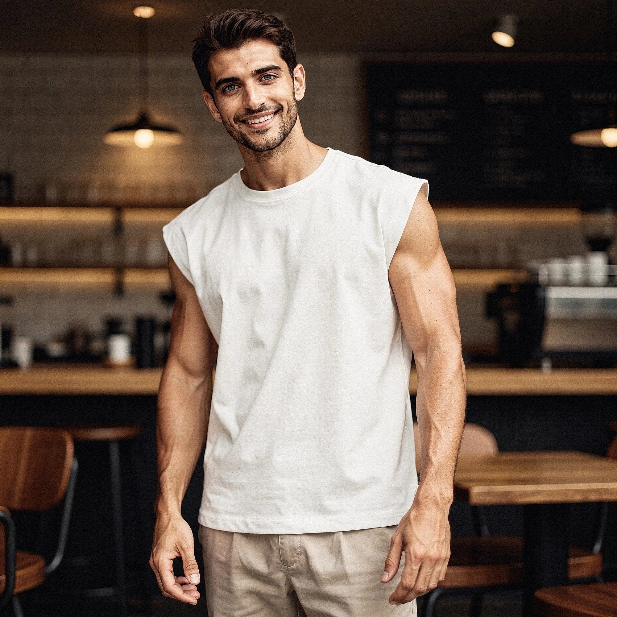 View of a sleek black summer tank top made from lightweight fabric, featuring a relaxed fit and wide armholes
