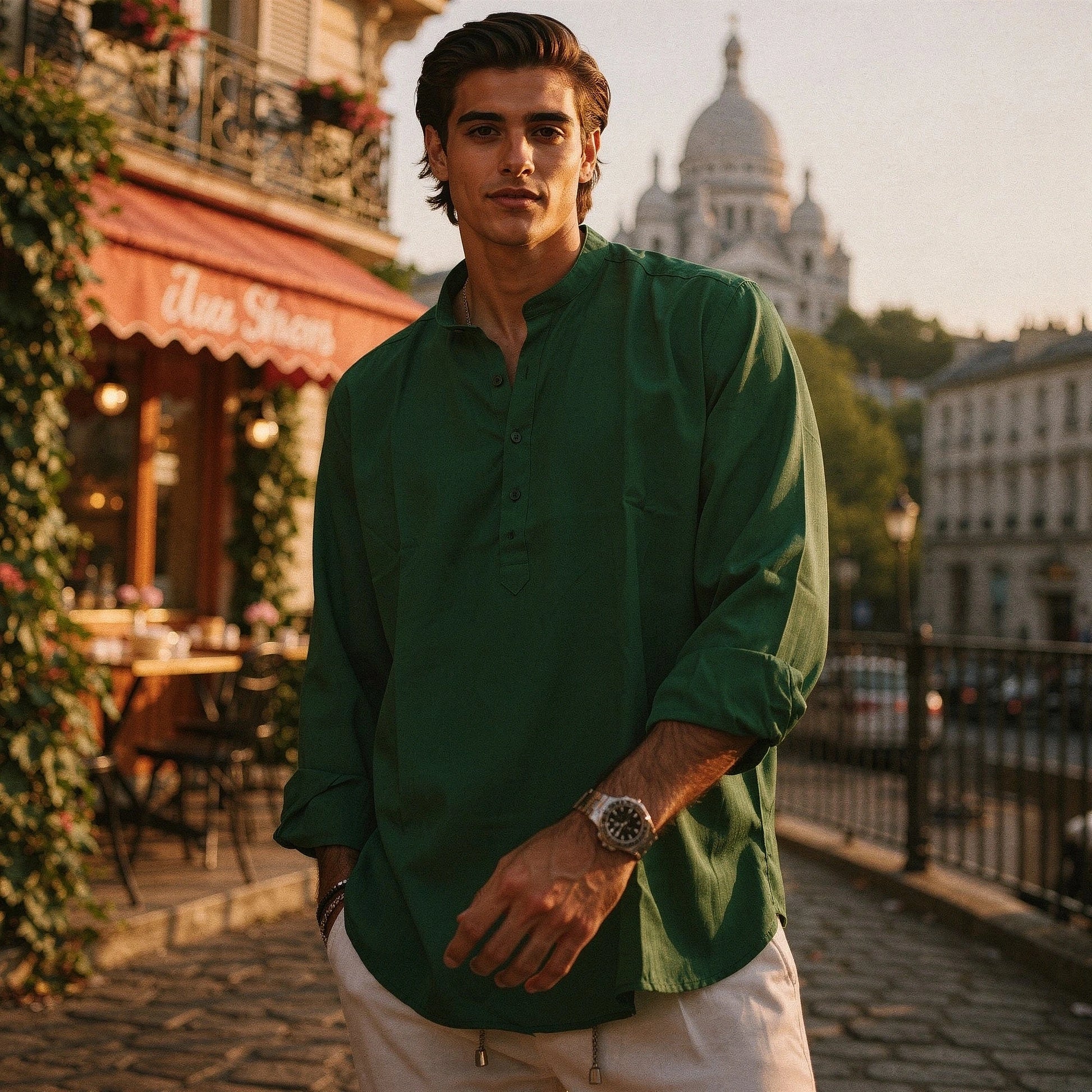 Lightweight, breathable summer henley shirt in light gray, featuring a three button placket and short sleeves, view