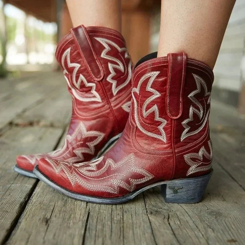 View of bold cowgirl boots featuring striking patterns, rich brown leather, and decorative stitching details