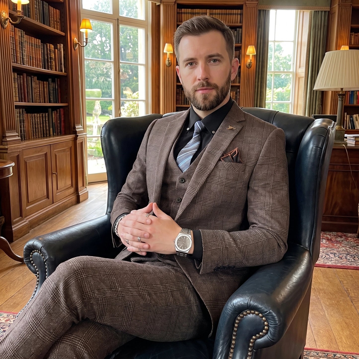A model showcases a British Korean style high quality modified plaid three piece suit for men, showing a vest and trousers set against a neutral background.