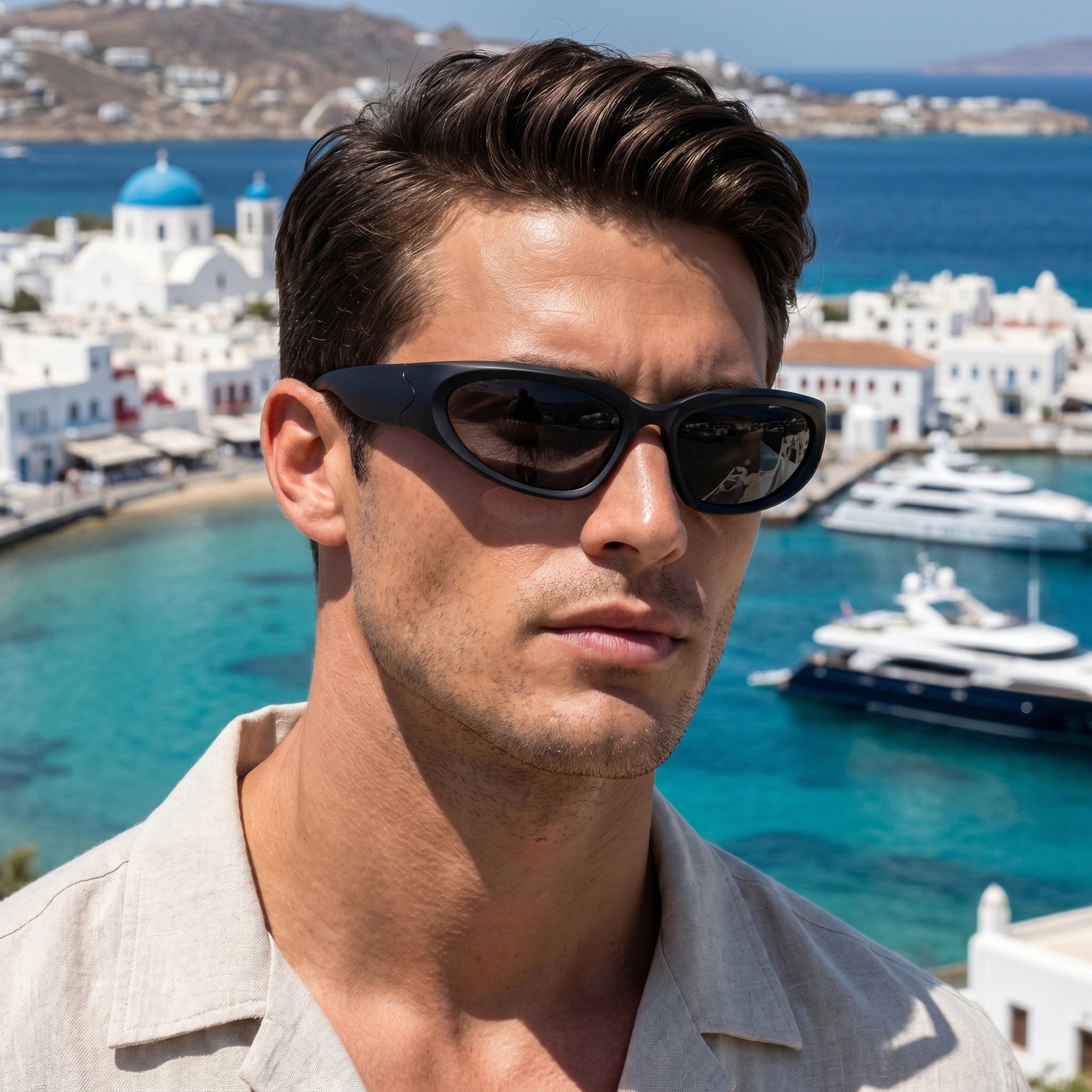 Close up view of the Mens Bold Retro Vintage Sunglasses showing intricate detailing and stitching, showing their design and premium quality.