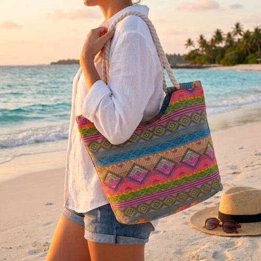Back view of a Women's Versatile Summer Handbag showing its construction details, showing a design in a soft beige color against a light beach backdrop.