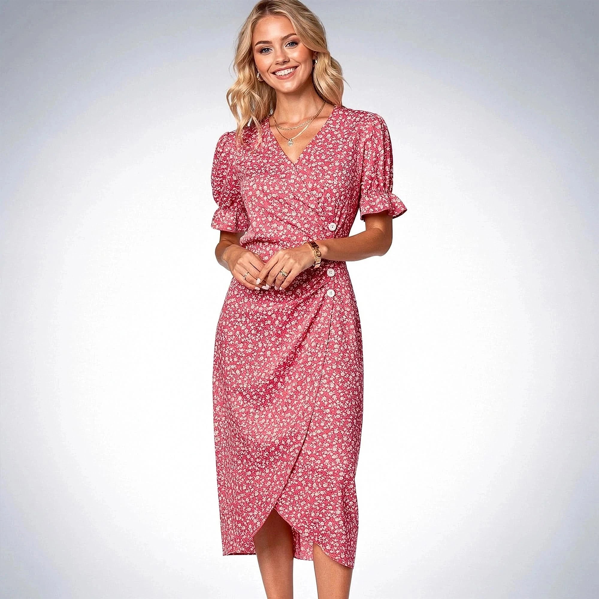 View of a women's elegant floral midi dress featuring puff sleeves, soft fabric, and a vibrant floral pattern