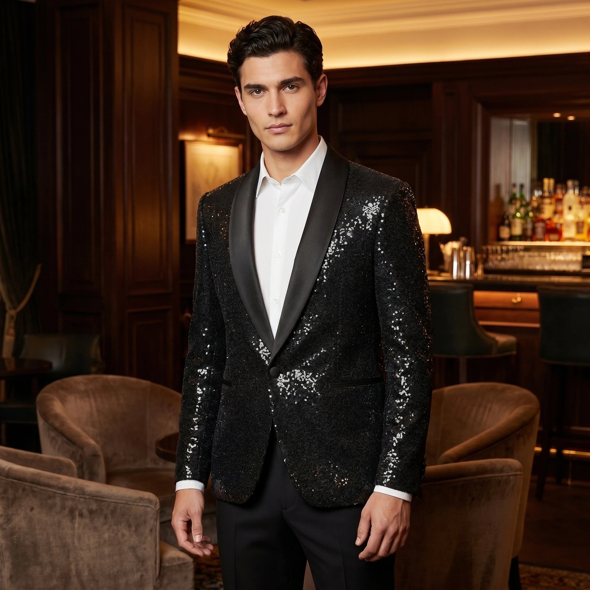 Close up view of the Mens Dazzling Sleek Evening Blazer showing the luxurious fabric texture and precise stitching details, perfect for formal events.