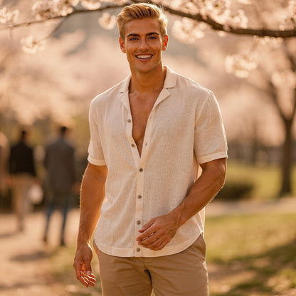 Light blue short sleeve button shirt made of cotton, featuring a relaxed fit and subtle texture, view