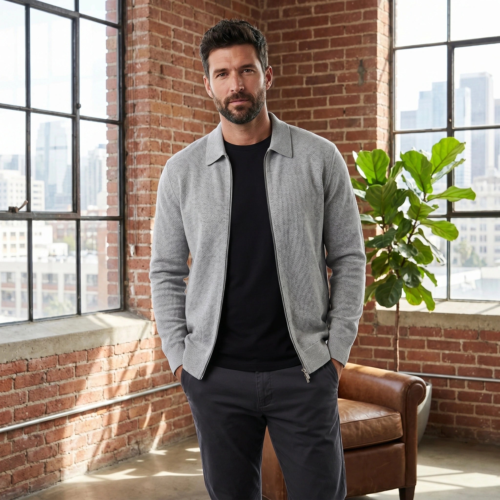 Close up of the Men's Sophisticated Versatile Jacket showing the refined fabric texture and precise stitching, showing its quality and design.