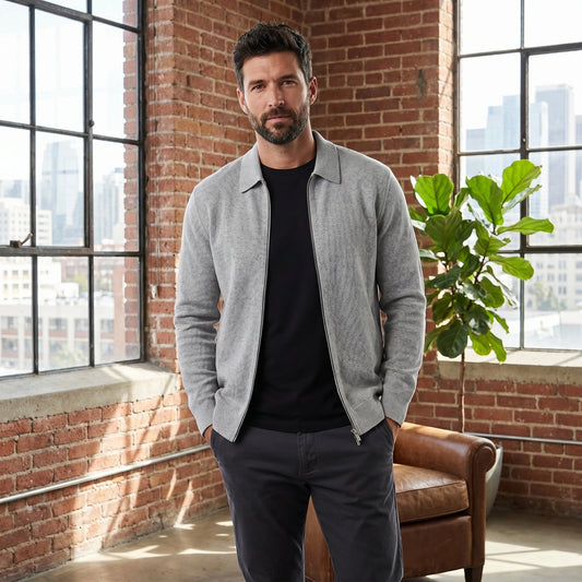 Close up of the Men's Sophisticated Versatile Jacket showing the refined fabric texture and precise stitching, showing its quality and design.