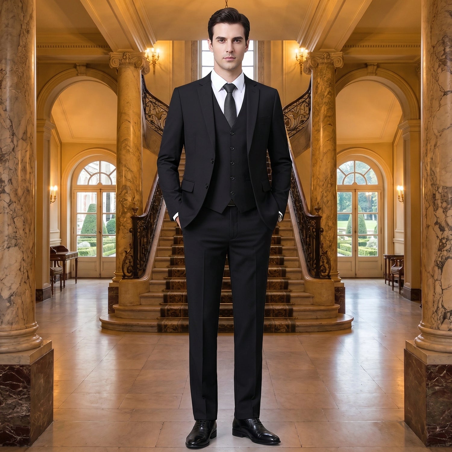 A model showcases a mens tailored wedding suit in a sophisticated dark navy color, complemented by a crisp white shirt against a neutral background.
