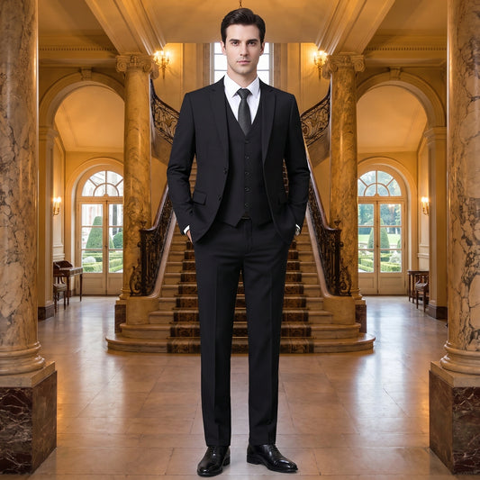 A model showcases a mens tailored wedding suit in a sophisticated dark navy color, complemented by a crisp white shirt against a neutral background.