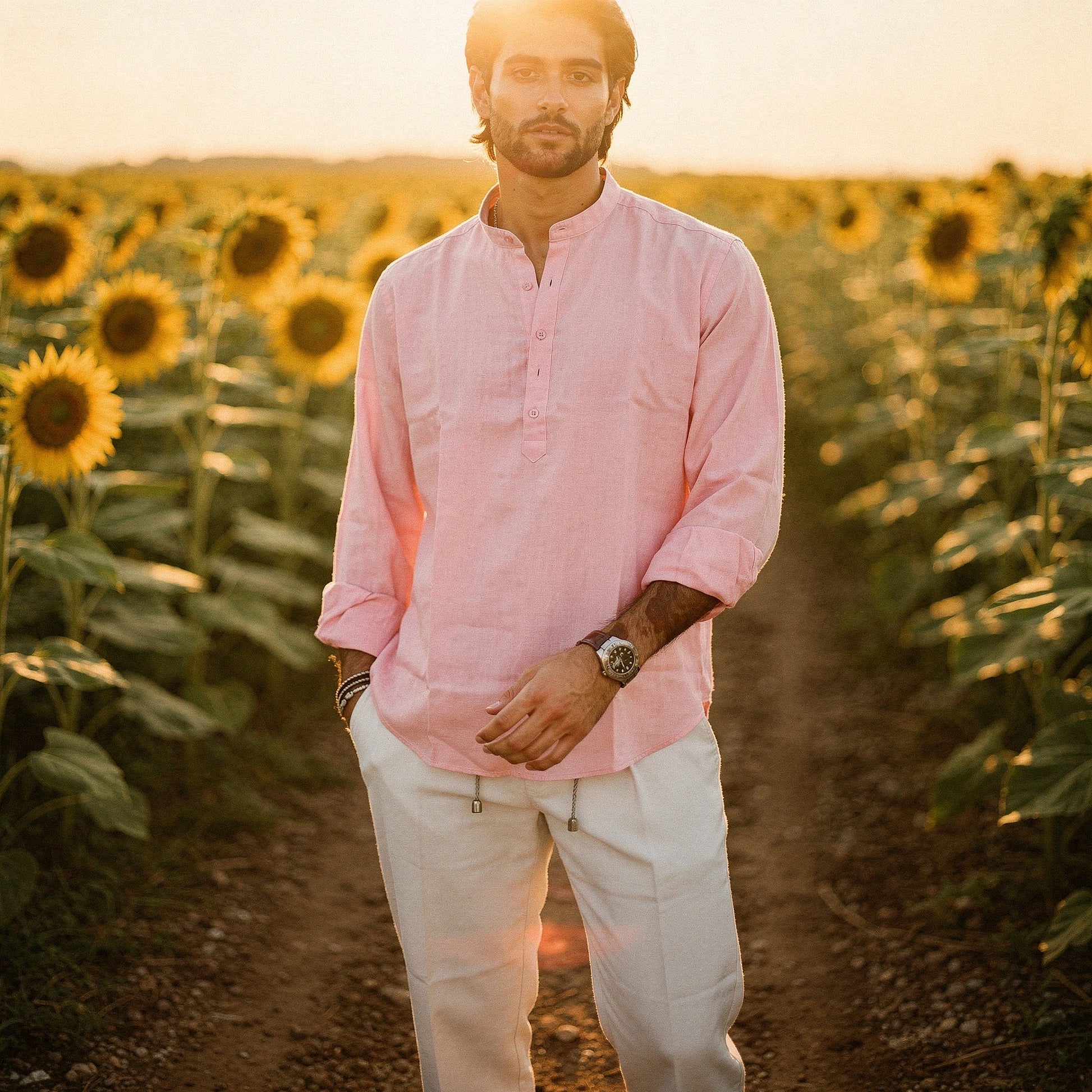 Lightweight summer henley shirt in light gray, featuring a three button placket and short sleeves, view
