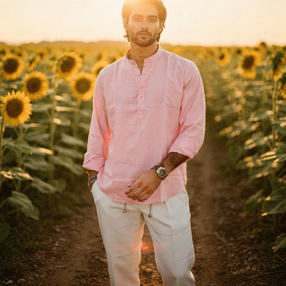 Lightweight summer henley shirt in light gray, featuring a three button placket and short sleeves, view