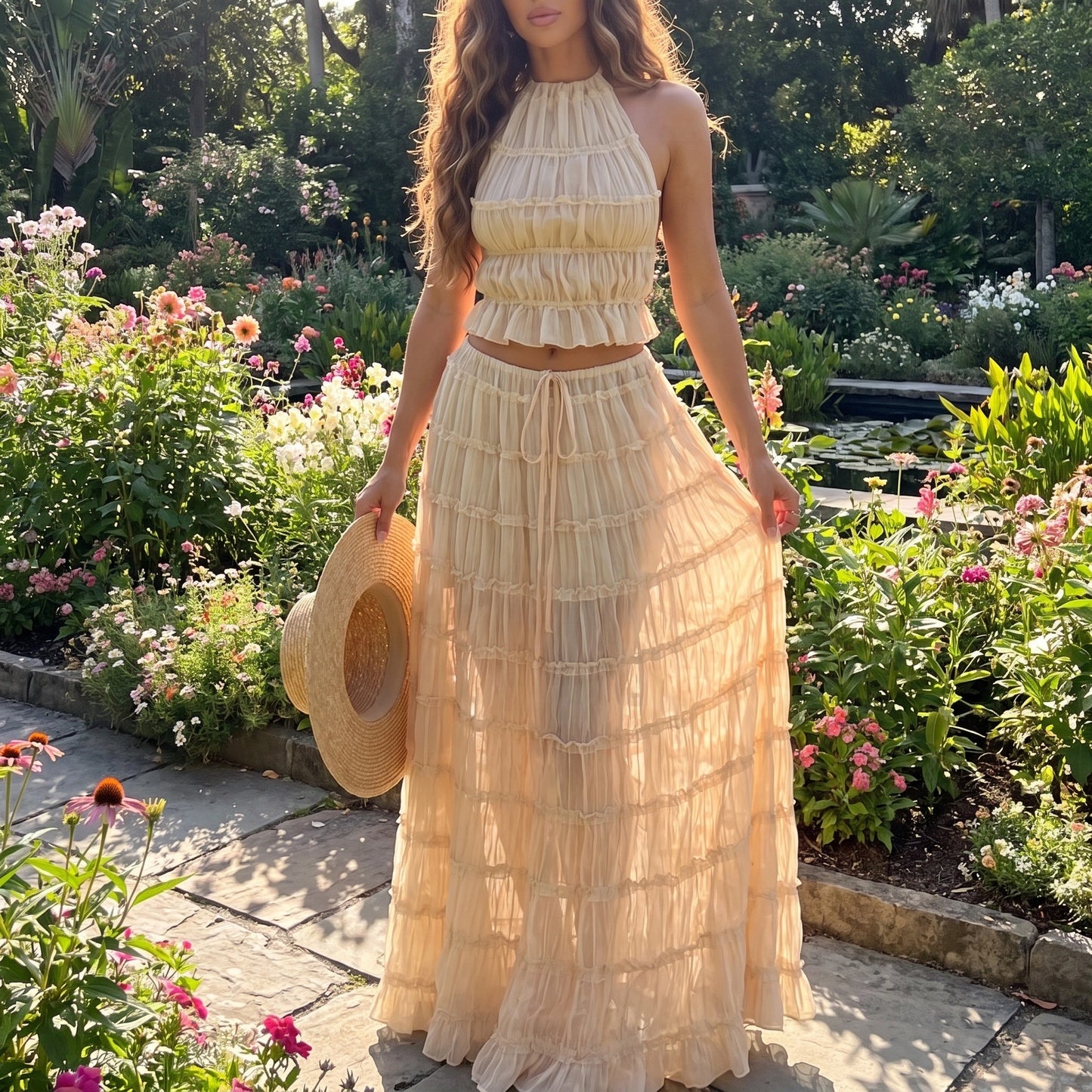 Front view of a model showing a Womens Boho Maxi Set in a soft pastel color, perfect for beach and holiday occasions, against a light, airy background.