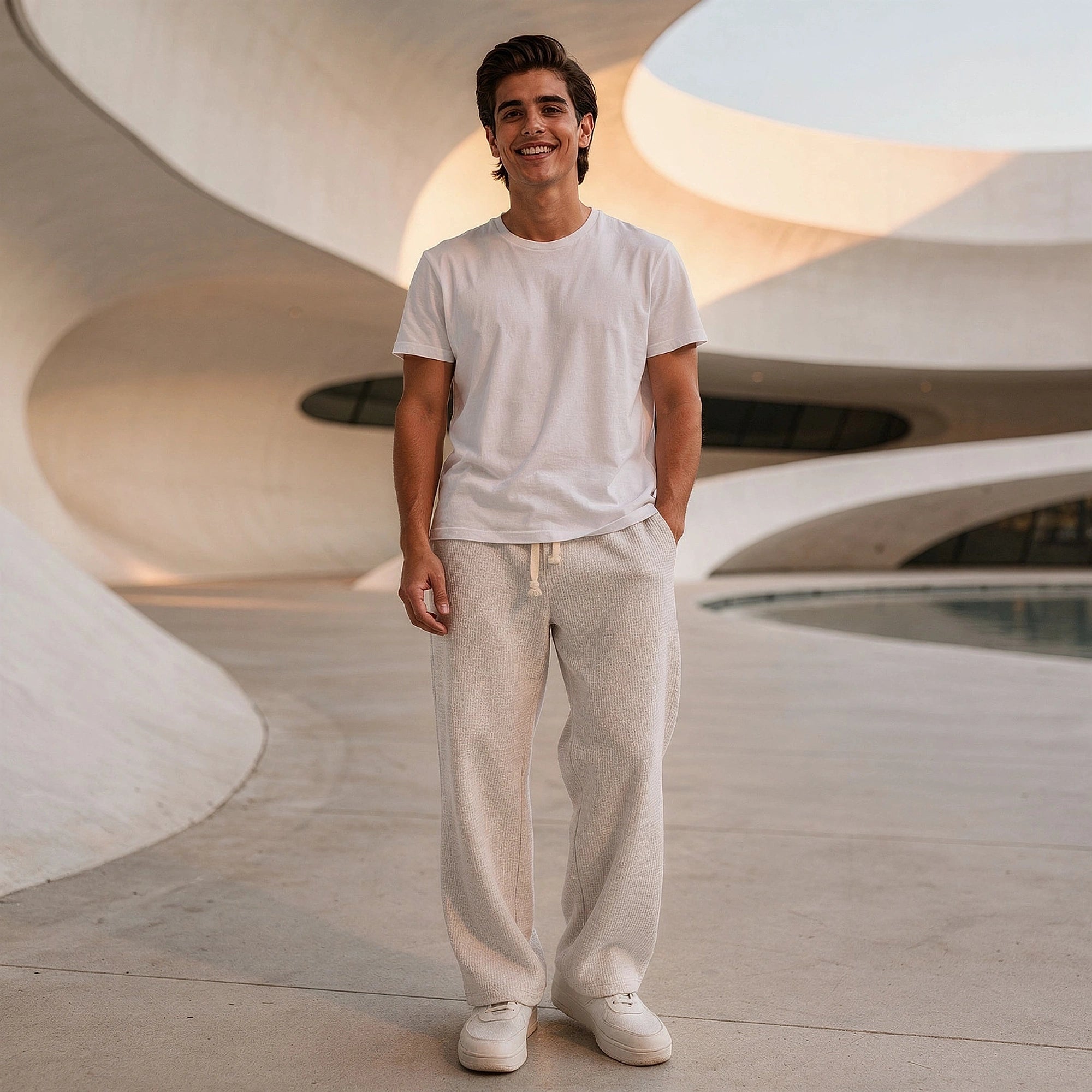 View of relaxed fit drawstring pants in light gray cotton, featuring an elastic waistband and pockets