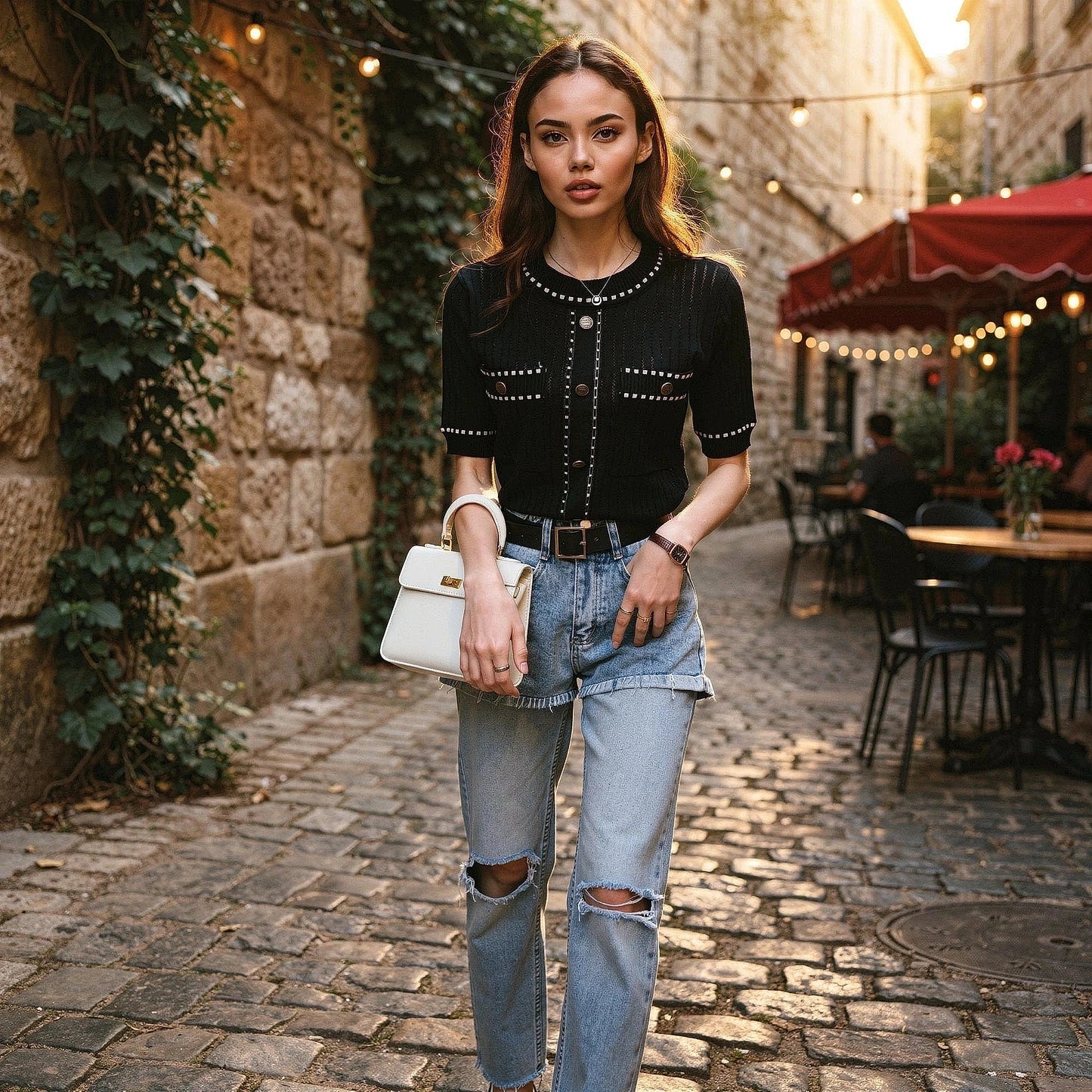 View of a relaxed fit short sleeve tee in soft cotton, featuring a classic crew neckline and a loose silhouette
