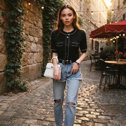 View of a relaxed fit short sleeve tee in soft cotton, featuring a classic crew neckline and a loose silhouette