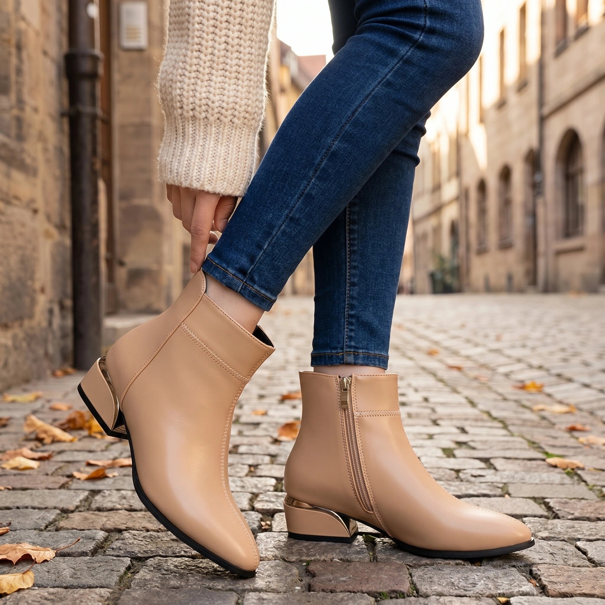 Close up view showing the sleek black leather texture and detailed stitching of the Womens Sleek Ankle Boots, showing their sophisticated design.