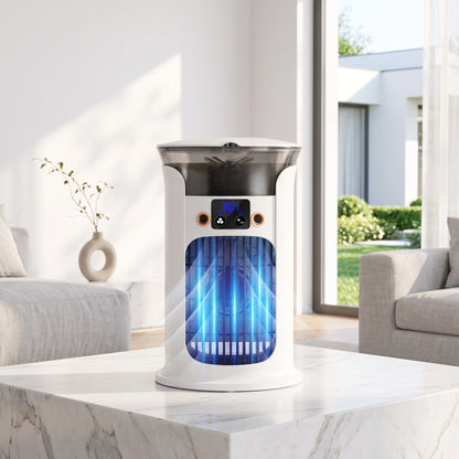 Close up view showing the sleek design and intricate stitching of the compact USB powered air cooler mini desktop fan in a modern workspace setting.