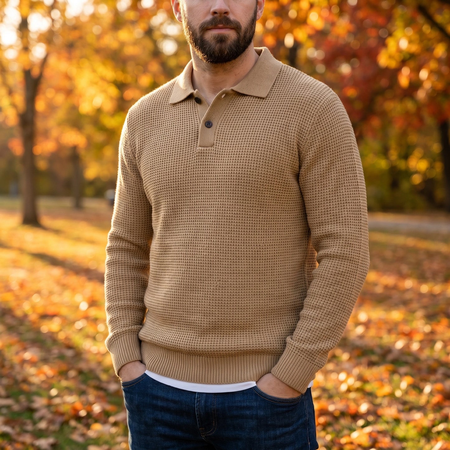 Close up view showing the intricate knit texture and refined stitching of the Mens Sophisticated Knit Polo Sweater in a rich navy color.