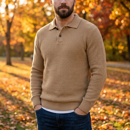Close up view showing the intricate knit texture and refined stitching of the Mens Sophisticated Knit Polo Sweater in a rich navy color.