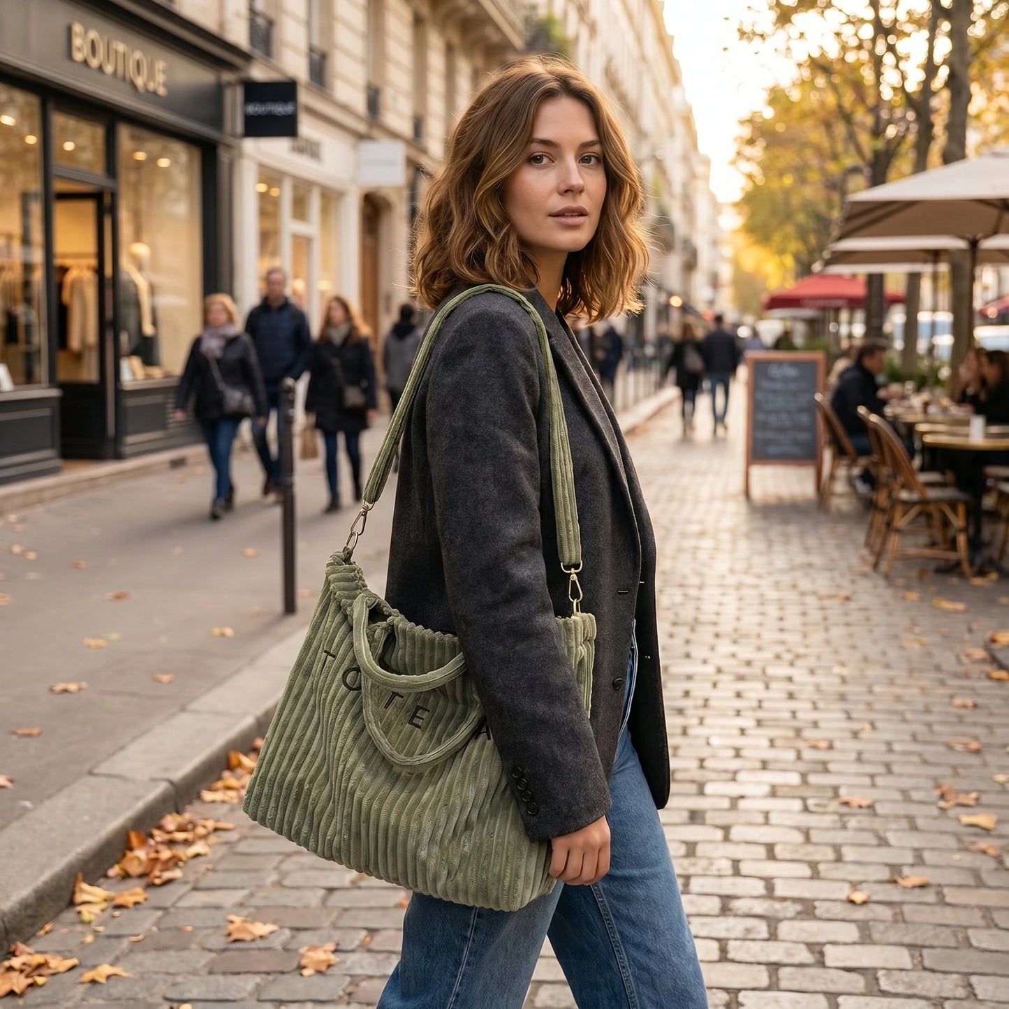 Back view of a model showing the Womens Versatile Handbag in a sleek black design, showing its construction details against a minimalist background.