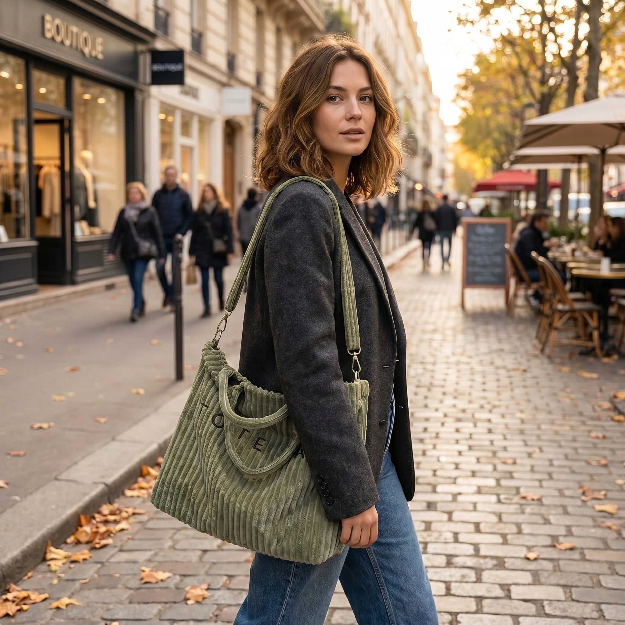 Back view of a model showing the Womens Versatile Handbag in a sleek black design, showing its construction details against a minimalist background.