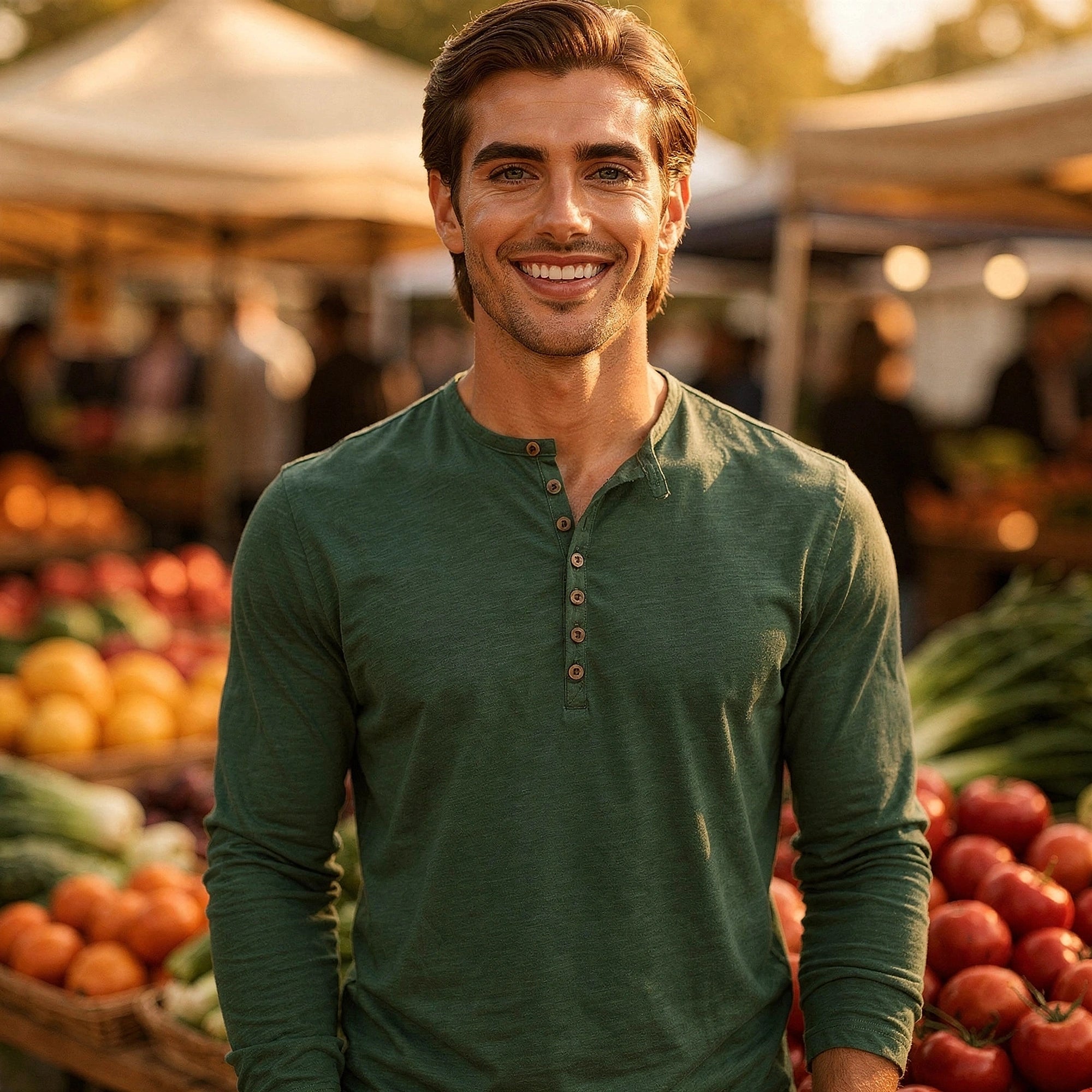 View of a comfortable casual long sleeve henley shirt in soft cotton fabric, featuring a relaxed fit and button placket