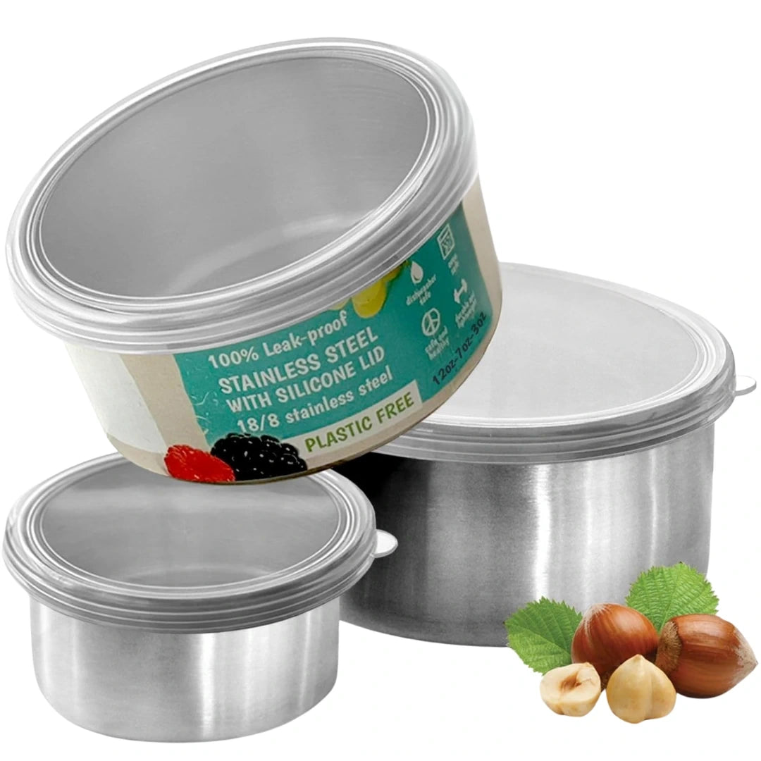 Sleek stainless steel lunch box set with secure lids, view showcasing the modern design and durable material