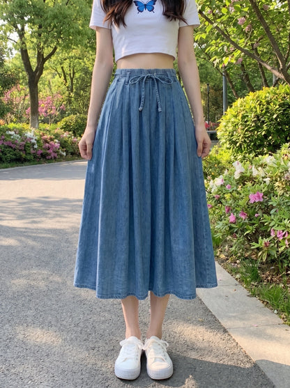 Close up view of the Womens Flared Autumn Skirt Pants showing the high quality denim fabric and intricate stitching details, perfect for versatile autumn styling.