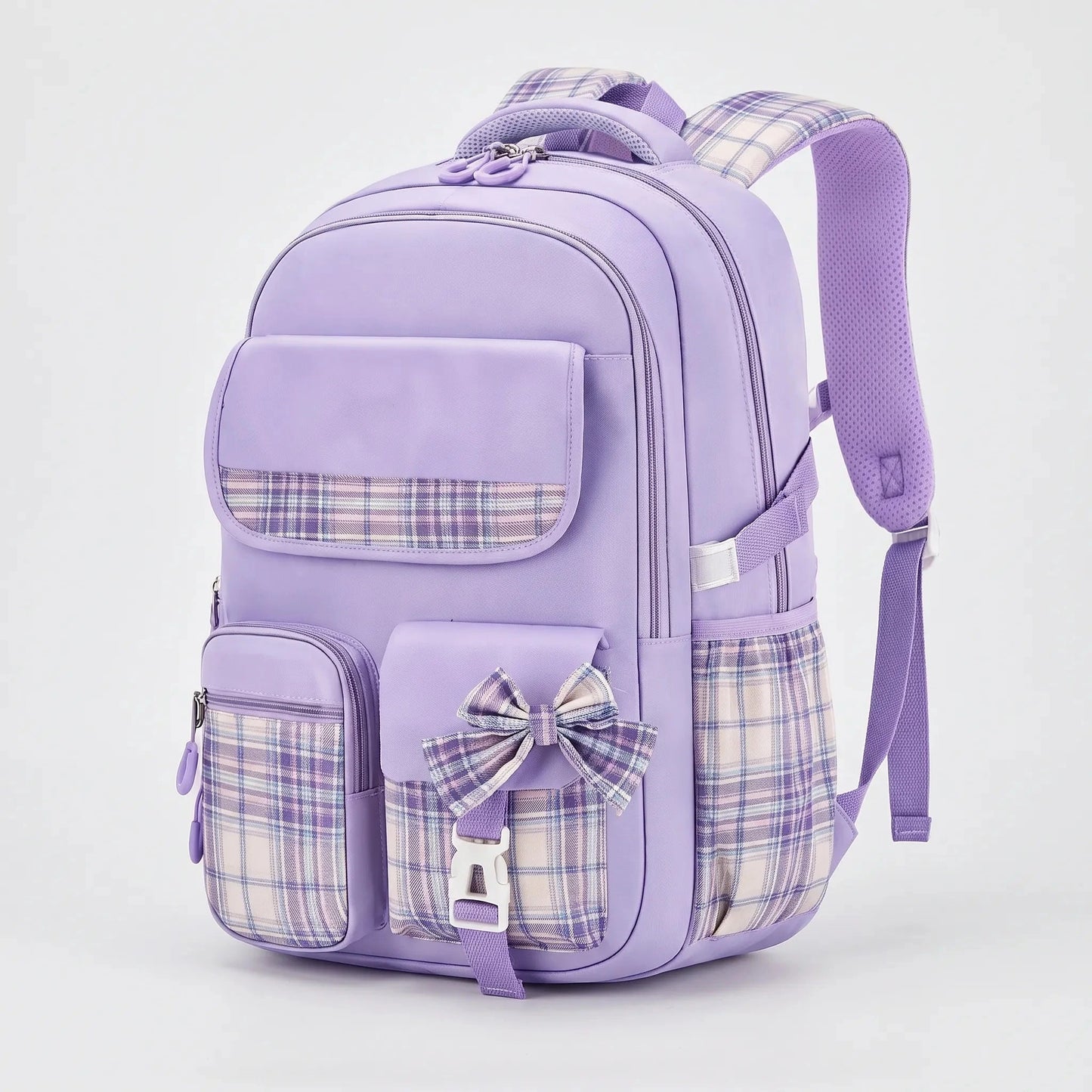 View of a stylish checkered school backpack featuring padded shoulder straps, a spacious compartment, and a durable fabric exterior