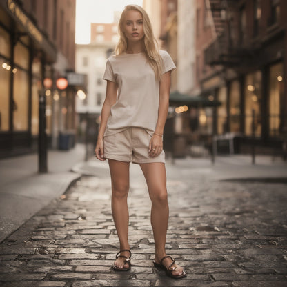 View of women's casual chic summer slides in soft tan leather, featuring a cushioned footbed and open toe design
