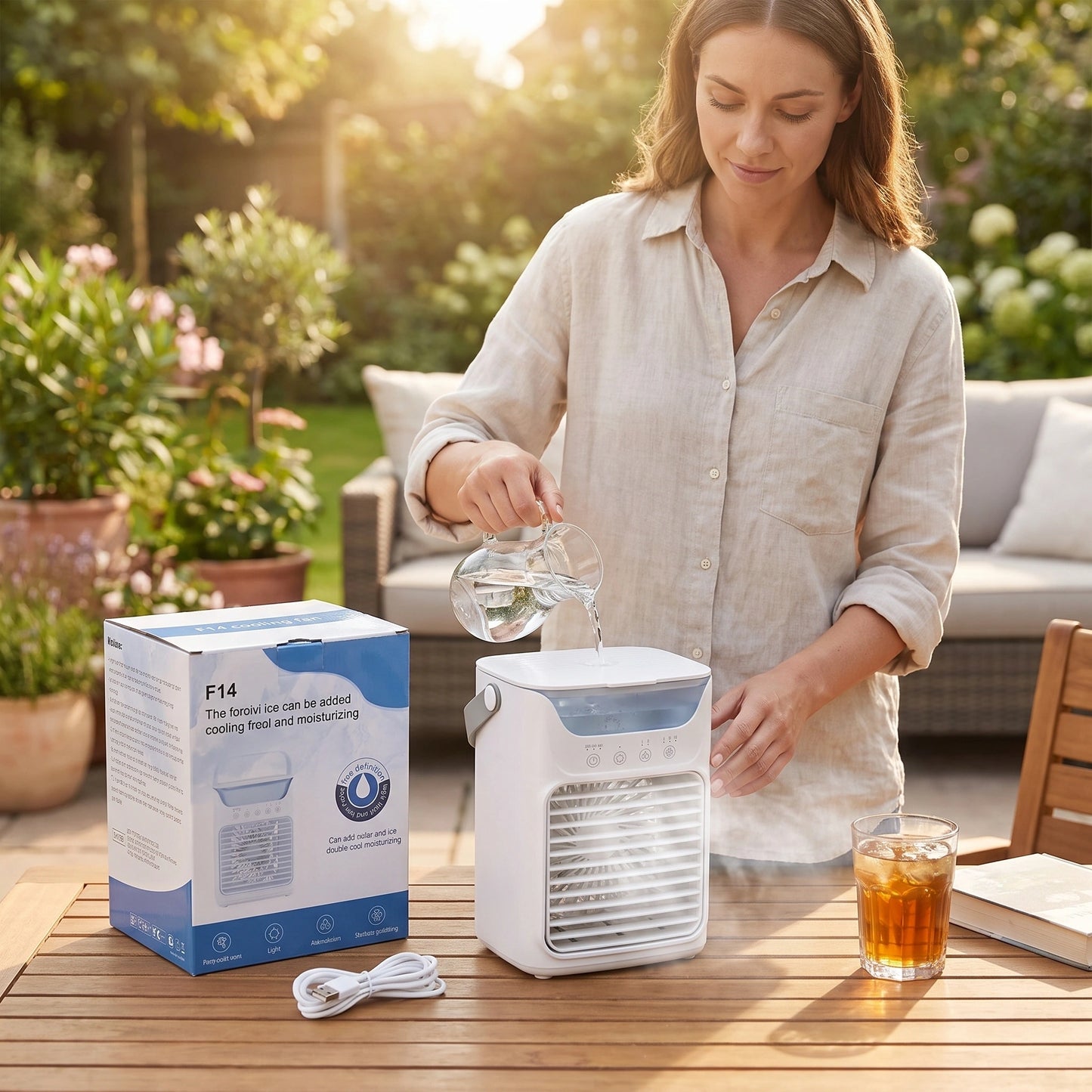 Close up view of the Compact Portable Air Cooler showing the sleek fabric texture and precise stitching details, showing its modern design and quality craftsmanship.