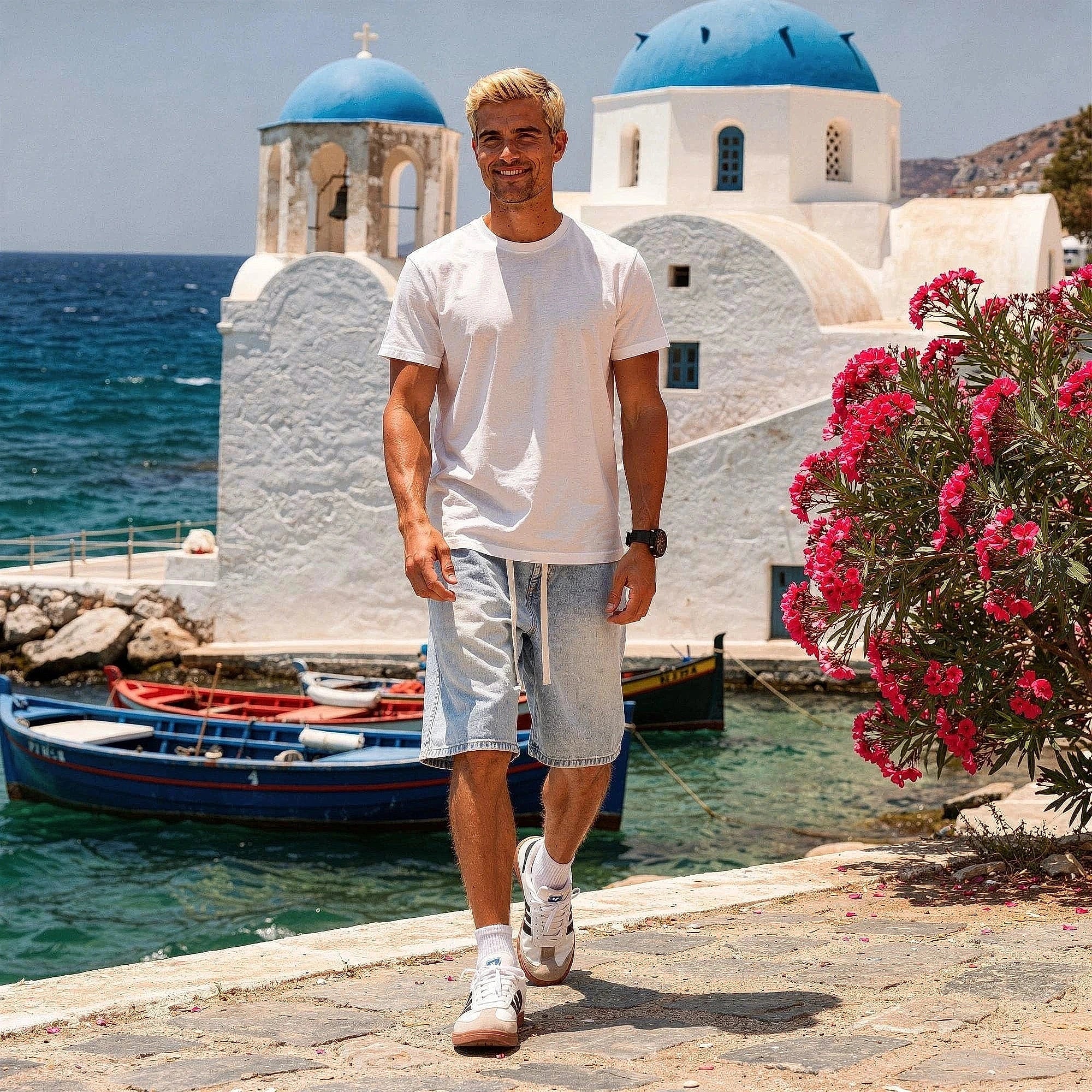 View of relaxed fit denim shorts featuring an elastic waistband, light blue color, and soft cotton material