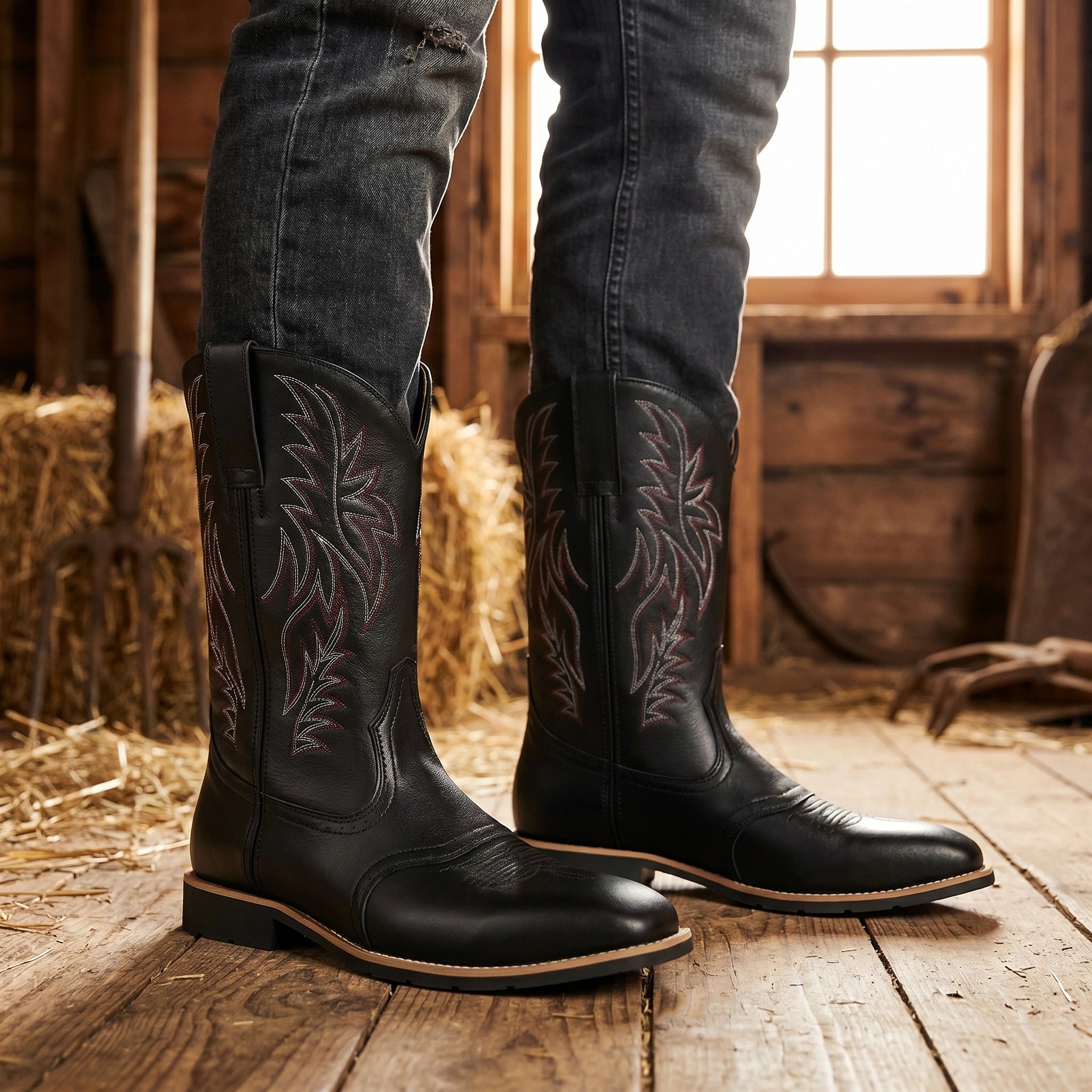 Close up view of the rugged leather texture and intricate stitching on the mid calf western cowboy boots, showing their craftsmanship and durability.