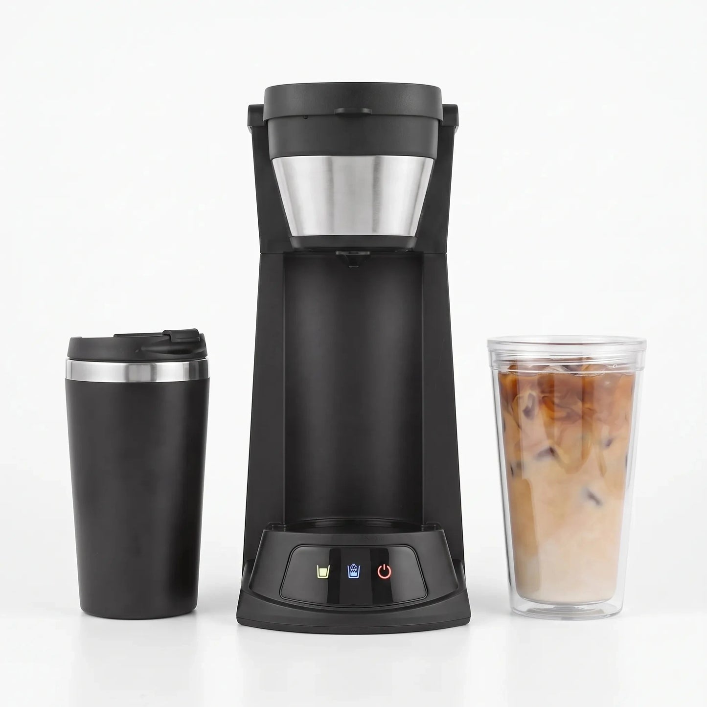 Profile showcasing the sleek design, user friendly controls, and adjustable brew settings of a compact coffee maker