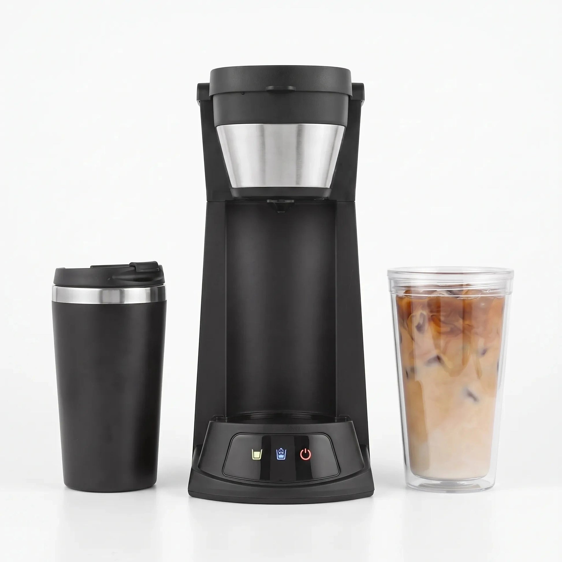 Profile showcasing the sleek design, user friendly controls, and adjustable brew settings of a compact coffee maker