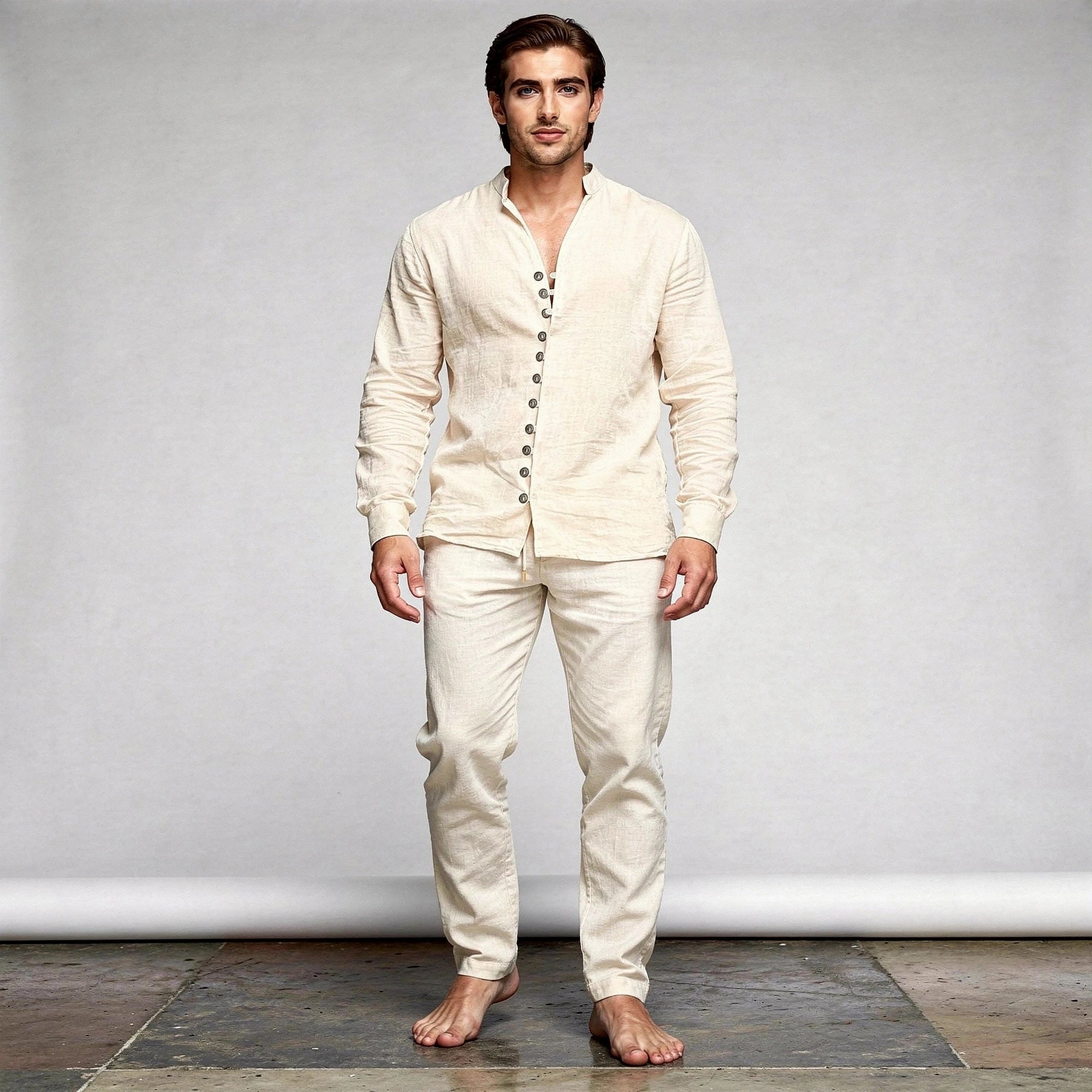 Lightweight cotton linen beach shirt in light blue, slim fit with long sleeves and stand collar, view