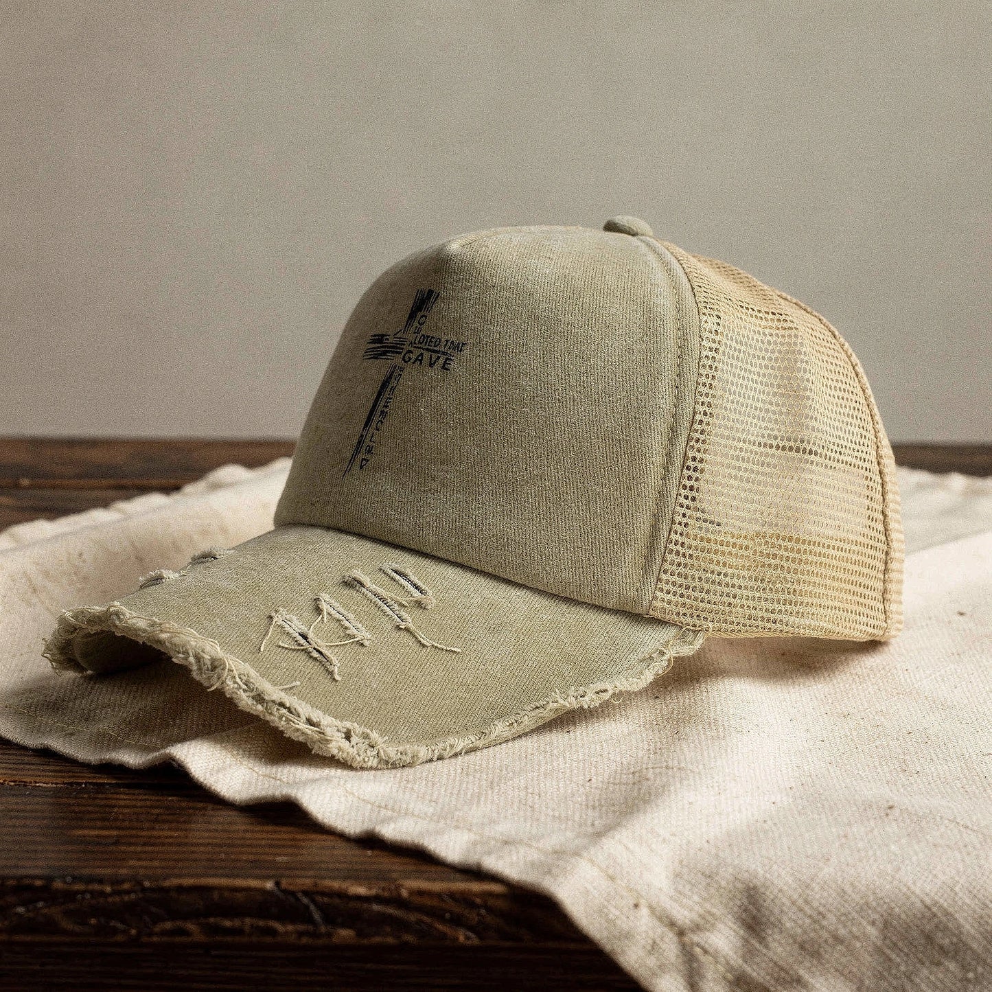 Light gray summer baseball cap made of breathable fabric, featuring a curved brim and adjustable strap, view