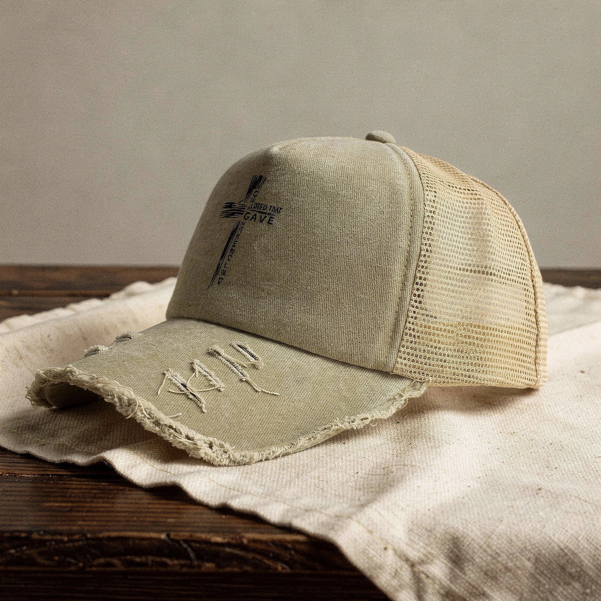 Light gray summer baseball cap made of breathable fabric, featuring a curved brim and adjustable strap, view