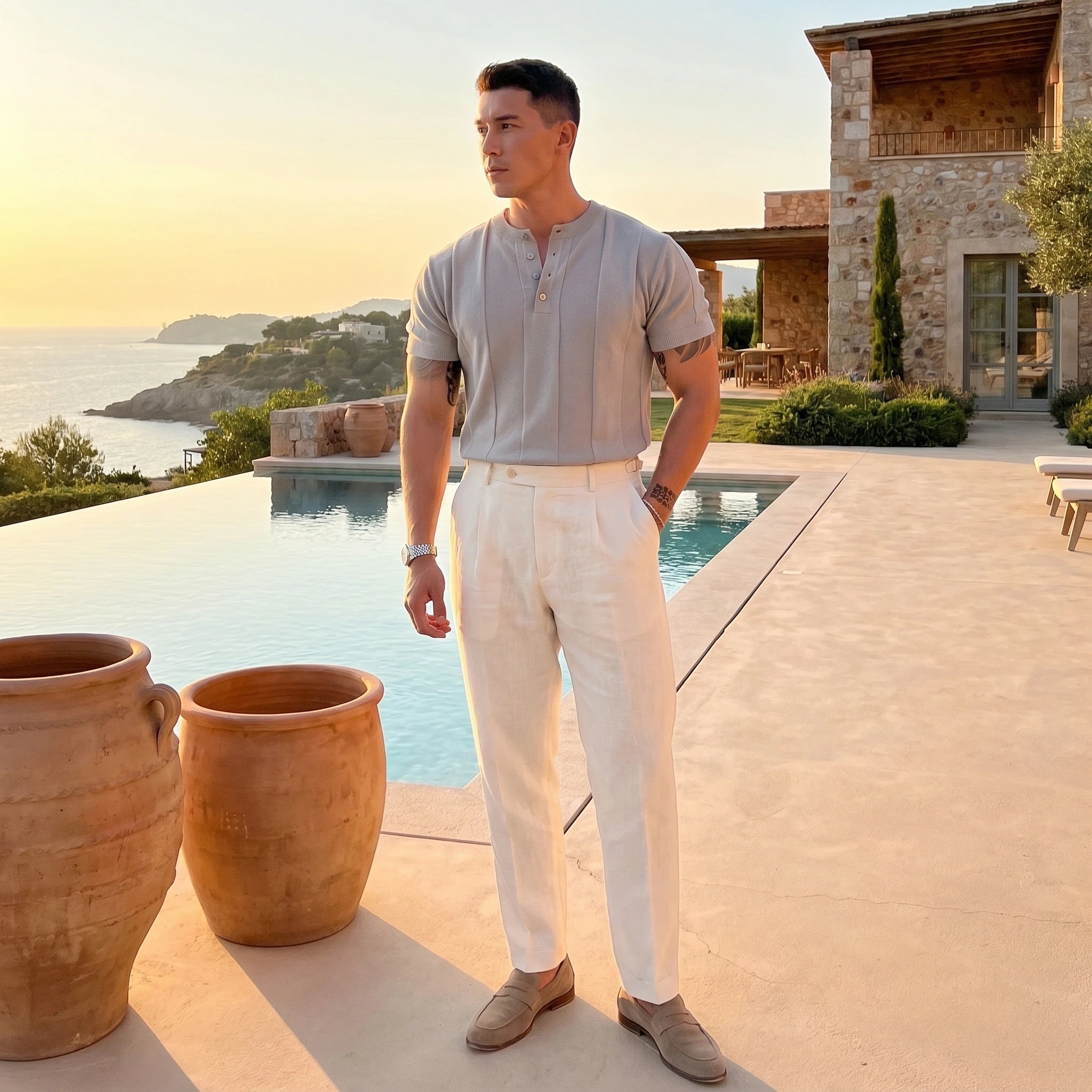 Close up of the Mens Relaxed Luxury Summer Tee showing the soft fabric texture, refined stitching details, and design against a neutral background.