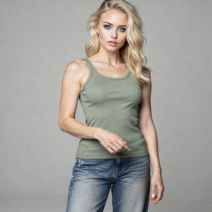 View of a ribbed tank top in soft beige, featuring a relaxed fit and wide straps